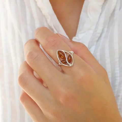 blomst rav ring i sølv