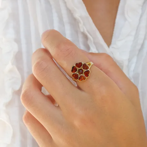 blomst rav ring i forgylt sølv