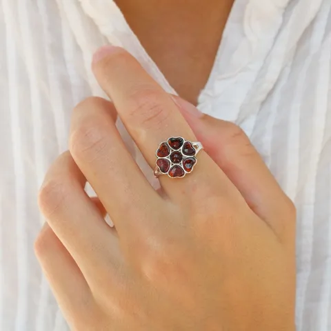 blomst rav ring i sølv