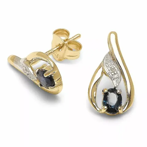 dråpe diamantøredobb i 9 karat gull med syntetisk safir og diamant