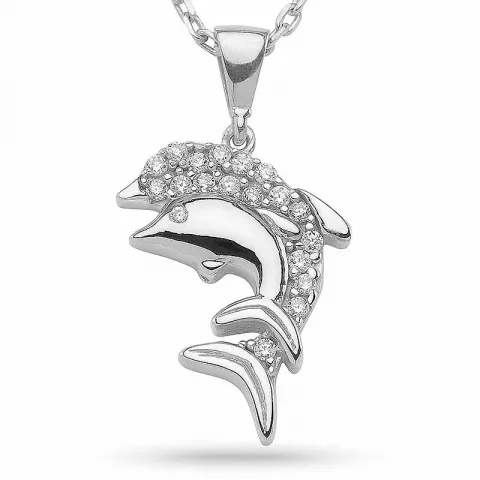 Dobbelt delfin zirkon anheng med halskjede i sølv