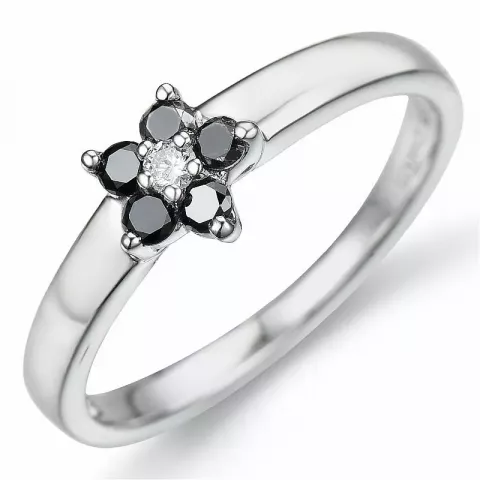 Blomst svart diamant ring i 9 karat hvitt gull 0,04 ct 0,23 ct