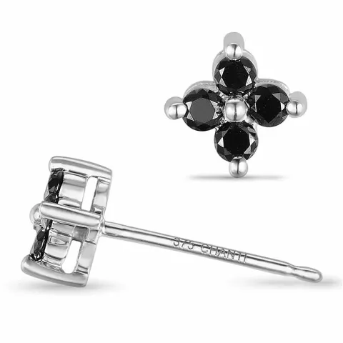 Blomst svart diamant øredobber i 9 karat hvitt gull med diamanter