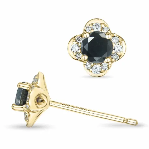 blomst svart diamant briljantøredobb i 9 karat gull med svart diamant og diamant