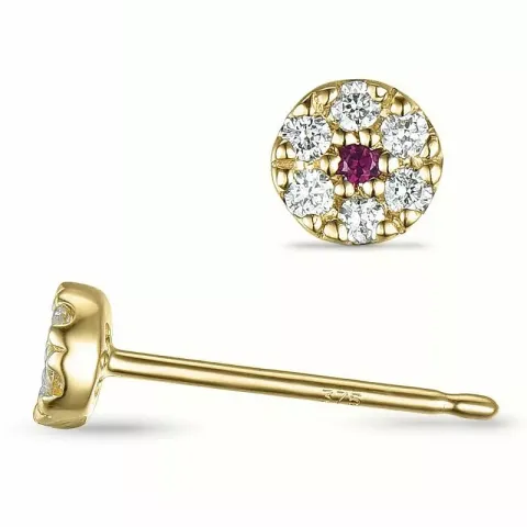 runde rubin ørestikker i 9 karat gull med diamant og rubin