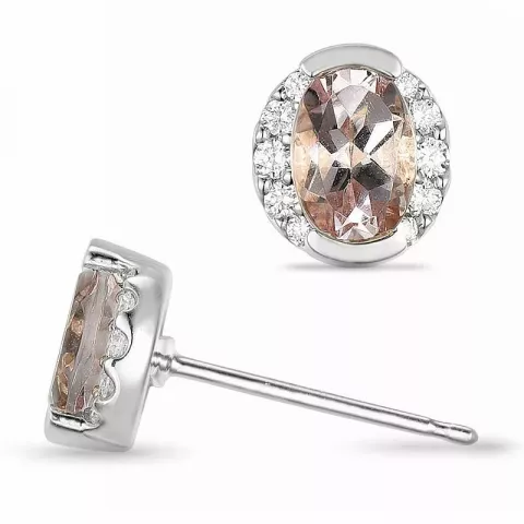 ovale morganit diamantøredobb i 9 karat hvitt gull med diamant og morganit 