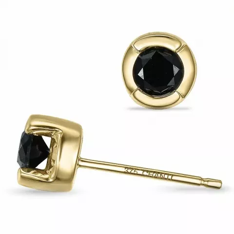 runde svart diamant solitaireørepynt i 9 karat gull med svart diamant 