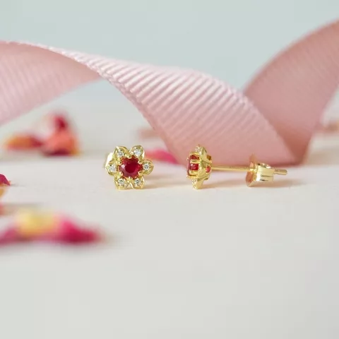 Blomst rubin diamantøredobb i 9 karat gull med diamanter og rubiner 