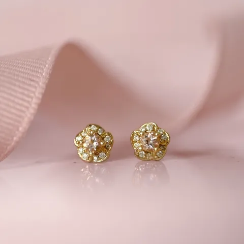 Blomst morganit diamantøredobb i 9 karat gull med diamanter og morganit