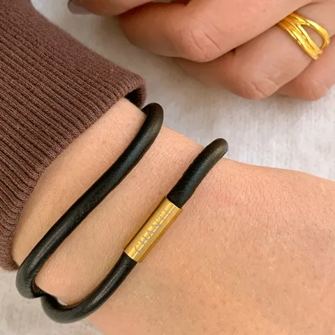 Rund brun armbånd i lær med forgylt stållås x 4 mm