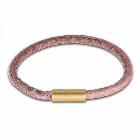 Rund rosa slangearmbånd i lær med forgylt stållås  x 4 mm