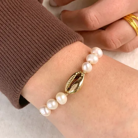 Simpel perle forgylt muslinge armbånd i silke snor 17 cm plus 5 cm x 10 mm
