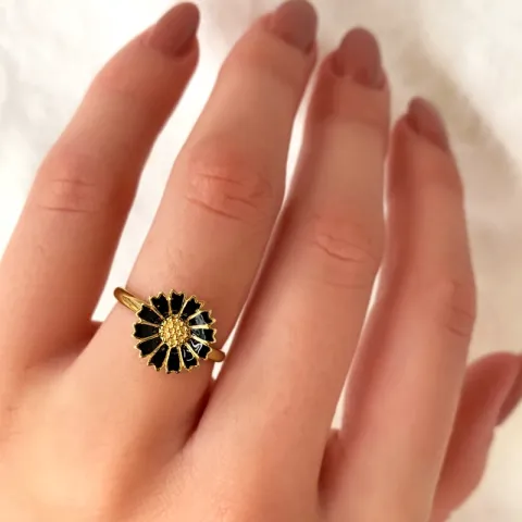 12 mm margeritt svart ring i forgylt sølv - Marie