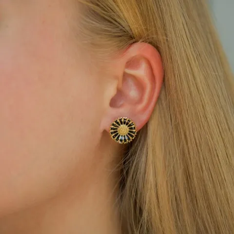 14,5 mm margeritt svart ørestikker i forgylt sølv