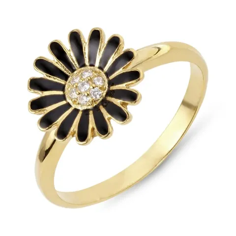 11 mm margeritt svart zirkon ring i forgylt sølv - Matilda