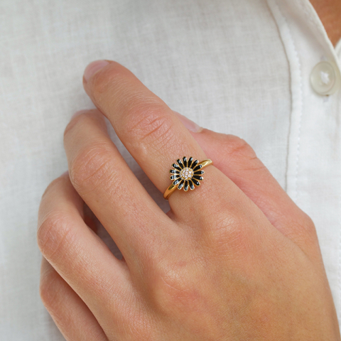 11 mm margeritt svart zirkon ring i forgylt sølv - Matilda