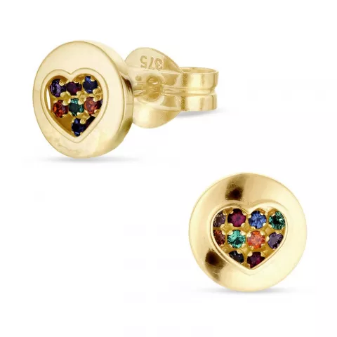 runde hjerte multifargede ørestikker i 9 karat gull med zirkon