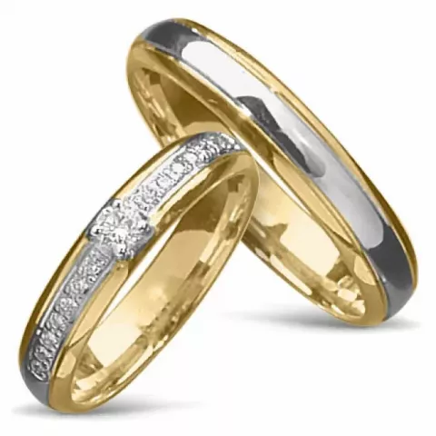 Tofarget gifteringer i 14 karat gull og hvitt gull 0,09 ct og 0,008 ct - par
