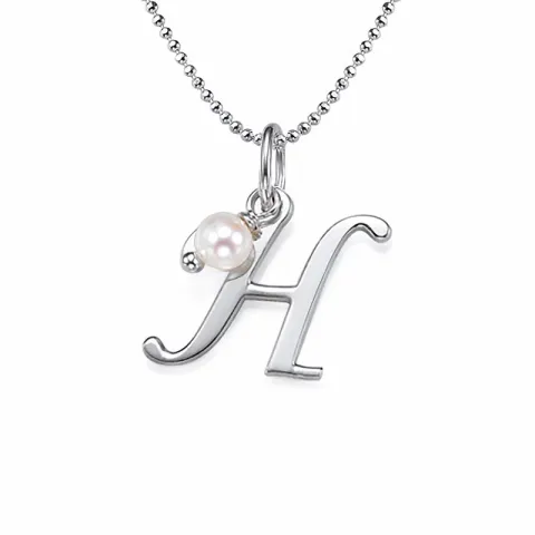 Bokstav Navnehalskjede med anheng i sølv med 1 hvit perle