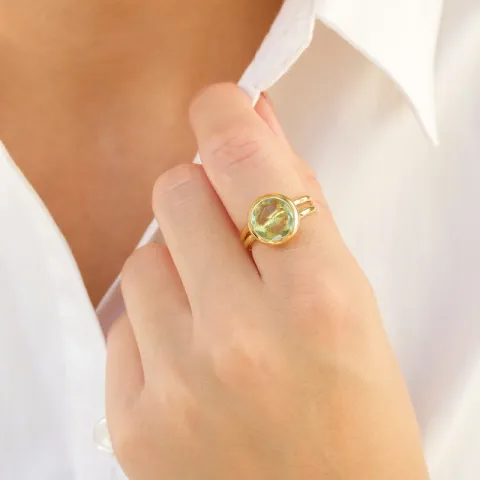 lysegrønn krystall ring i forgylt messing - Loom Stones