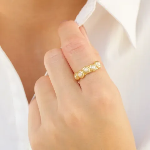 hvit perle ring i forgylt messing - Eliné