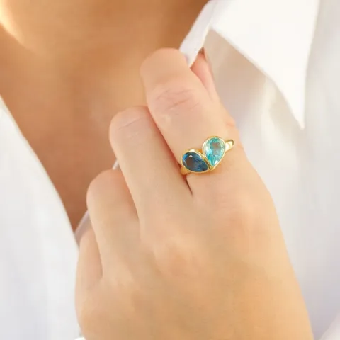 blå krystall ring i forgylt messing - Loom Stones