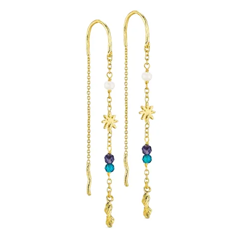 lange blå kjedeøreringer i forgylt messing - Eliné