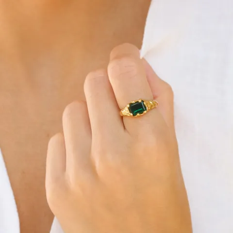 grønn krystall ring i forgylt messing - Eliné