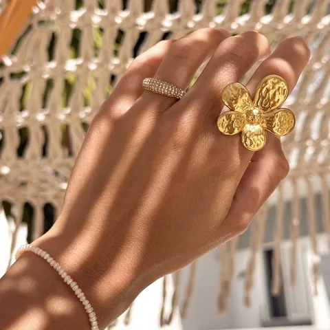 vanntett blomst justerbar ring i forgylt stål - OCEANA