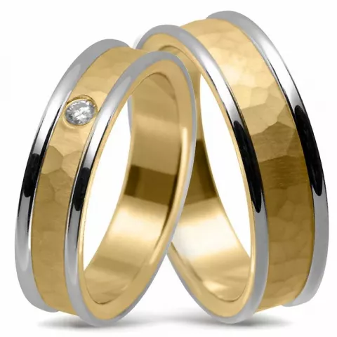 Hamret Tofarget gifteringer i 14 karat gull og hvitt gull 0,04 ct - par