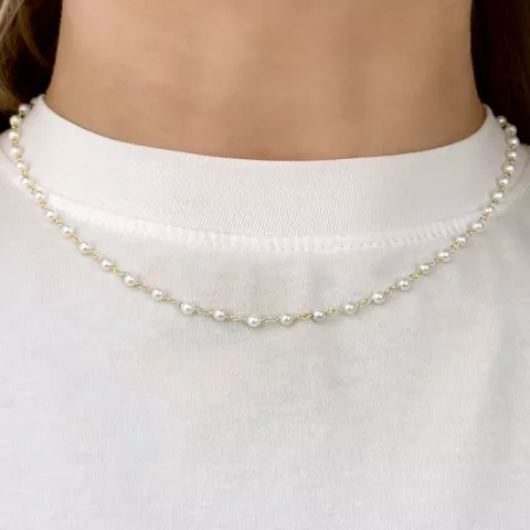 rund hvit perle halskjede i forgylt sølv 40 cm plus 5 cm x 3,3 mm