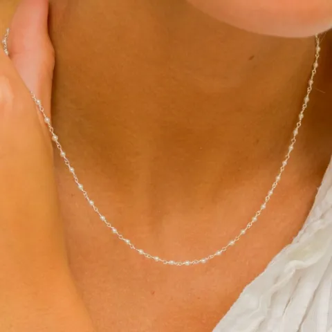 rund hvit perle halskjede i sølv 40 cm + 5 cm x 2,7 mm