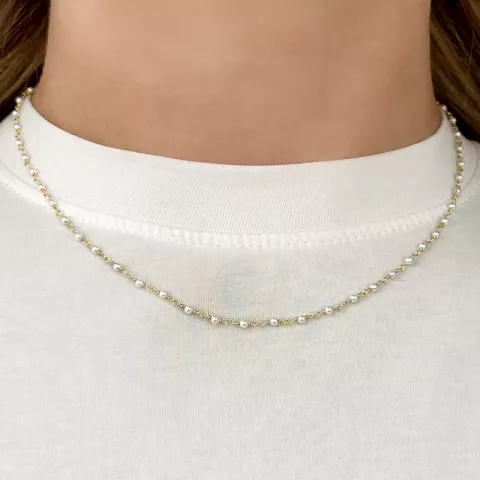 rund hvit perle halskjede i forgylt sølv 40 cm plus 5 cm x 2,7 mm
