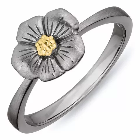 Blomst ring i svart rodinert sølv