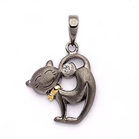 Katt zirkon anheng i svart rodinert sølv og forgylt sølv