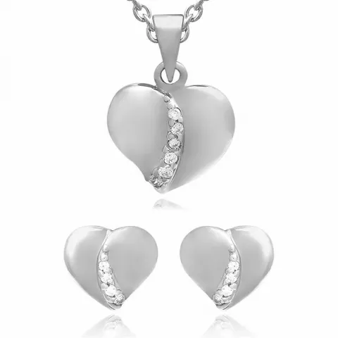 Hjerte sett med øredobber og halskjeder i sølv hvit zirkon
