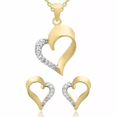 Hjerte sett med øredobber og halskjeder i forgylt sølv hvit zirkon