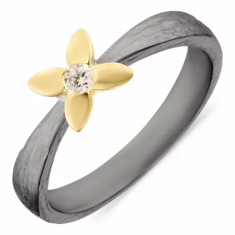 blomst ring i svart rodinert sølv med forgylt sølv