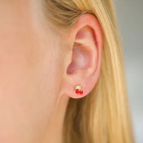 Enamel cherry øredobber i forgylt sølv rød emalje
