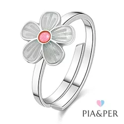 Pia og Per blomst ring i sølv hvit emalje rosa emalje