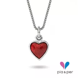 Pia og Per hjerte halskjede i sølv rød emalje