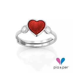 Pia og Per hjerte ring i sølv rød emalje