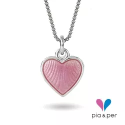 Pia og Per hjerte halskjede i sølv rosa emalje