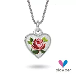 Pia og Per hjerte halskjede i sølv hvit emalje rosa emalje grønn emalje