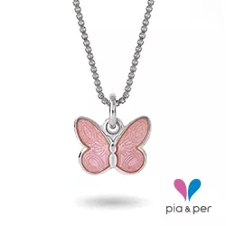 Pia og Per sommerfugl halskjede i sølv rosa emalje