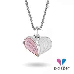 Pia og Per hjerte halskjede i sølv hvit emalje rosa emalje
