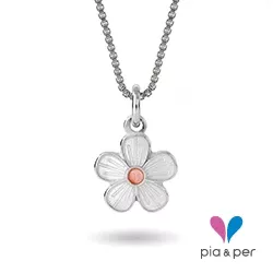 Pia og Per blomst halskjede i sølv hvit emalje rosa emalje