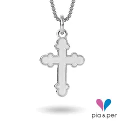 Pia og Per kors halskjede i sølv hvit emalje
