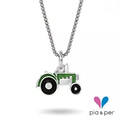 Pia og Per traktor halskjede i sølv grønn emalje svart emalje