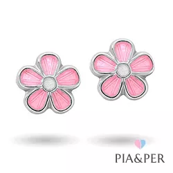 Pia og Per blomst øredobber i sølv rosa emalje hvit emalje